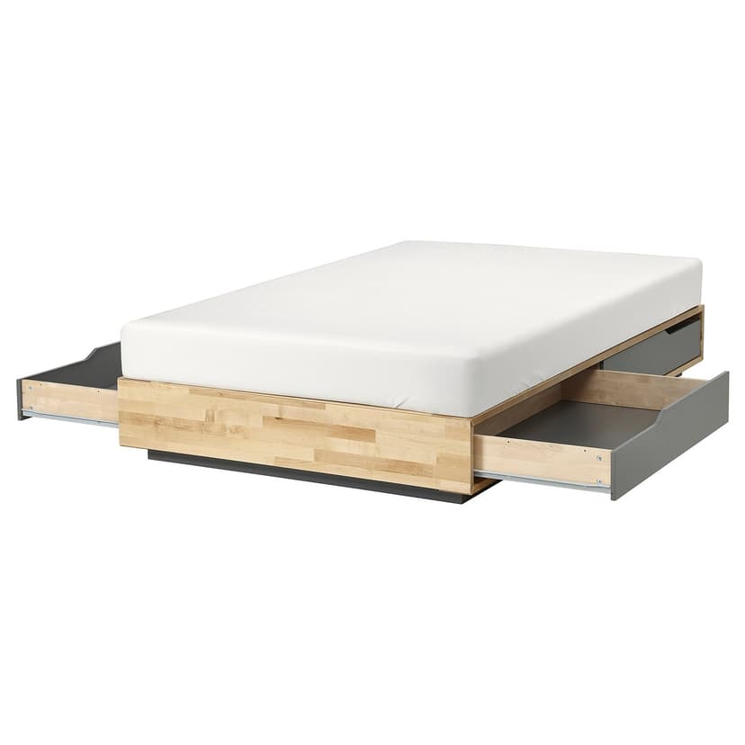 MANDAL — Rama łóżka z pojemnikami, brzoza/szary,