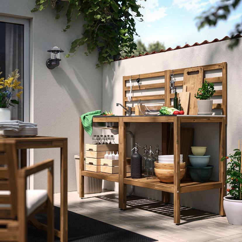 NÄMMARÖ — кухня с мойкой, для улицы, светло-коричневая морилка/нержавеющ сталь, 80x62 см