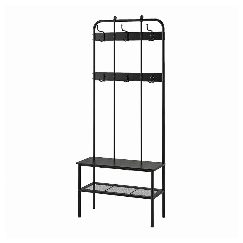 NIPÅSEN — вешалка-скамья с отделением д/обуви, черный, 190x35x79 см