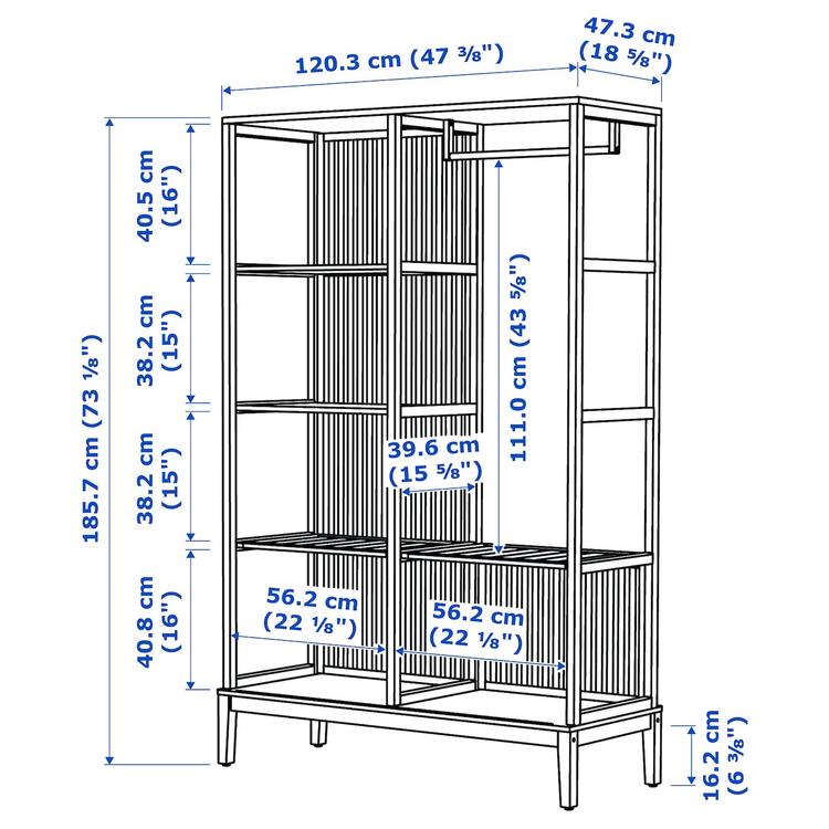 открытый гардероб/раздвижная дверь, бамбук, 120x186 см dimensions