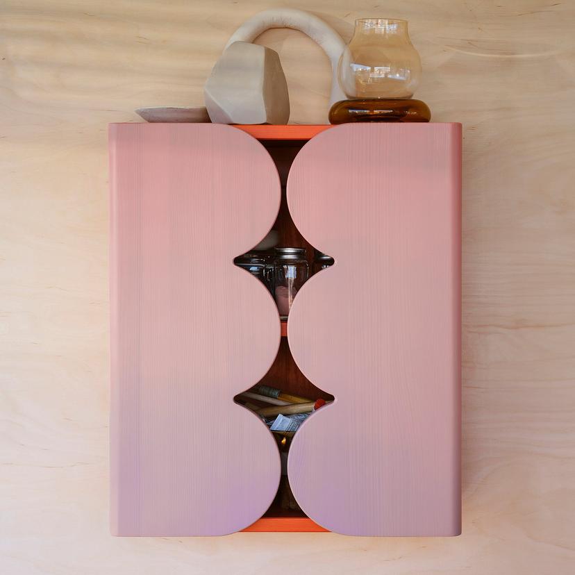 OMMJÄNGE — шкаф с 2 дверцами и 1 полкой, розовый оранжевый/морилка, 38x45 см