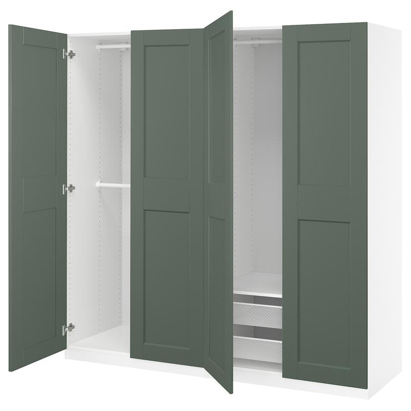 PAX / GRIMO — гардероб, комбинация, белый/серо-зеленый, 200x60x201 см