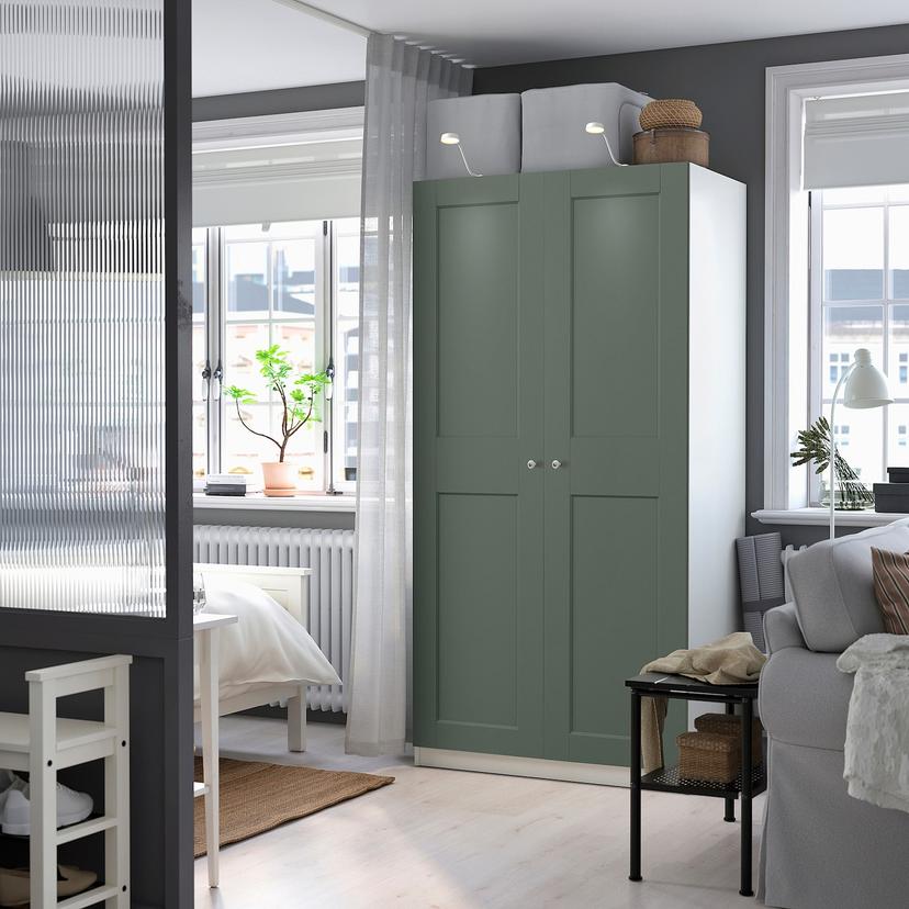 PAX / GRIMO — гардероб, комбинация, белый/серо-зеленый, 100x60x201 см