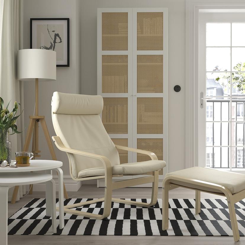 POÄNG — Кресло/подставка для ног, березовый шпон/глянцевый, кремовый