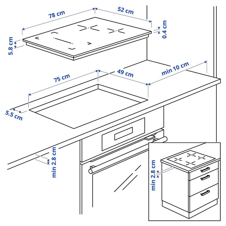 индукц варочн панель, IKEA 500 черный, 78 см dimensions