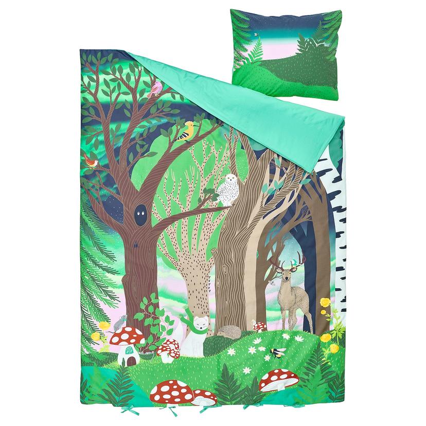 SKOGSDUVA — Пододеяльник и наволочка, многоцветный/лесной узор.