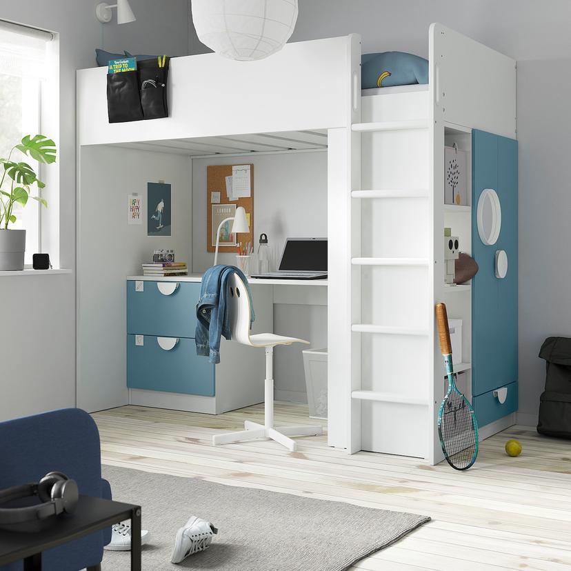 SMÅSTAD — кровать-чердак, белый синий/с письменным столом с 3 ящиками, 90x200 см