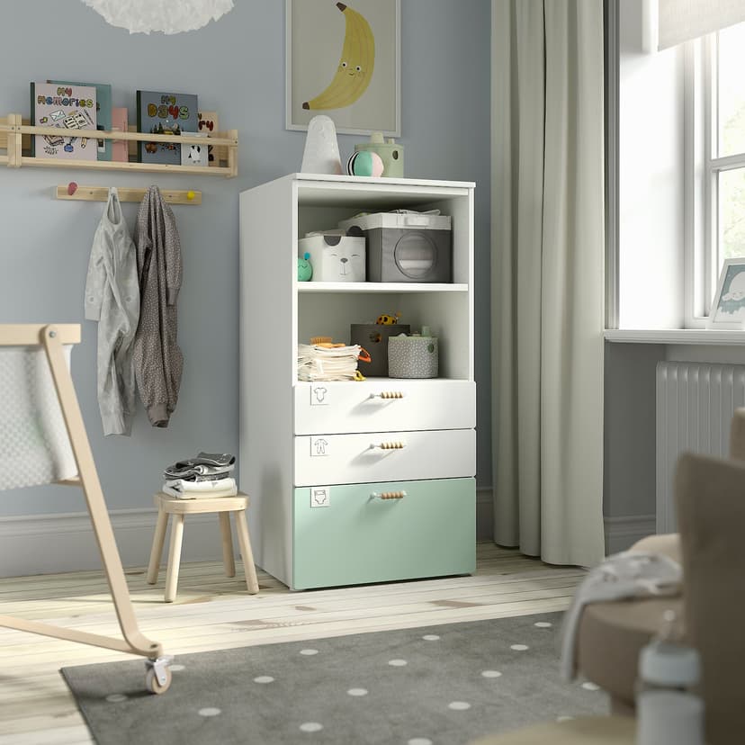 SMÅSTAD / PLATSA — стеллаж, белый светло-зеленый/с 3 ящиками, 60x57x123 см