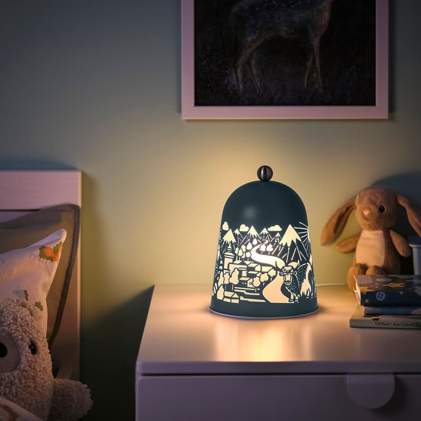 SOLSKUR — Lampa stołowa LED, jasnoniebieski/niklowano,