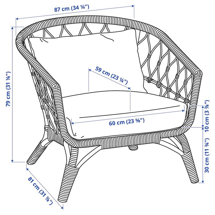 кресло с подушкой-сиденьем, ротанг/Gräsbo белый dimensions