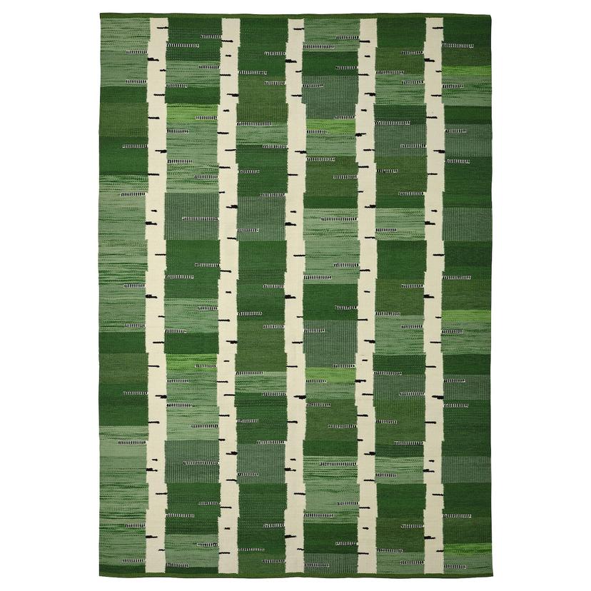 STOCKHOLM 2025 — Плоский тканый ковер, зелено-бело-черный, ручная работа.