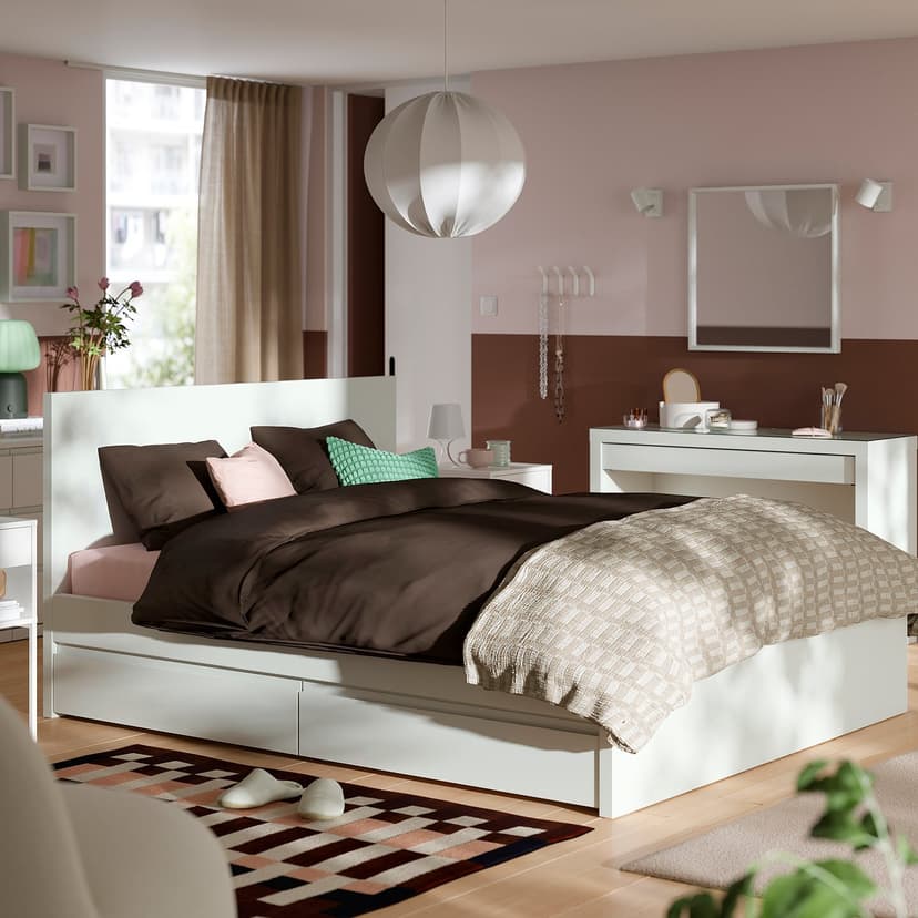STORKLINTA — Rama łóżka z 4 pojemnikami, biały,