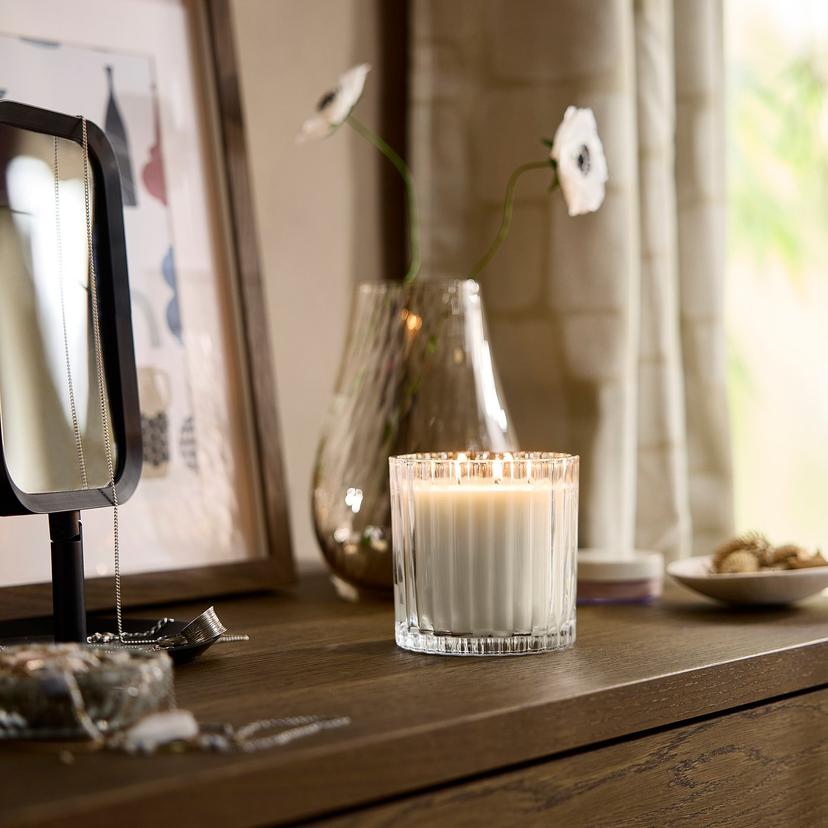 TOFSTÄRNA — Świeca zapachowa w szkle, 2 knoty, zapach świeżego prania szkło bezbarwne,