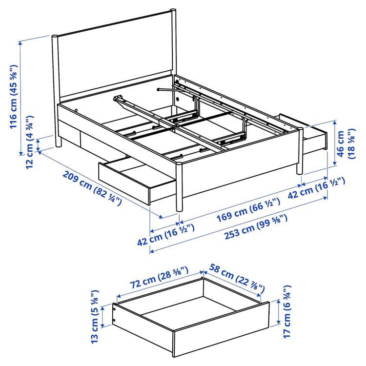 каркас кровати с ящиками, белый с оттенком/Leirsund, 160x200 см dimensions