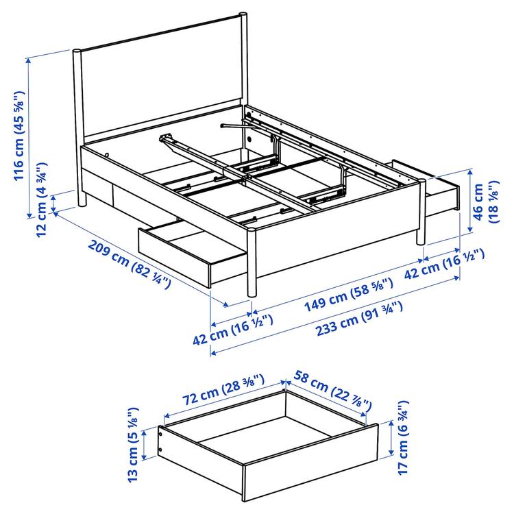 каркас кровати с ящиками, белый с оттенком/Leirsund, 140x200 см dimensions