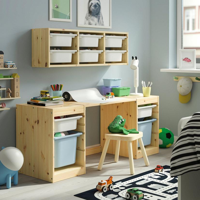 TROFAST — Biurko z pojemnikami, jasna sosna bejcowana na biało/biały jasnoniebieski,