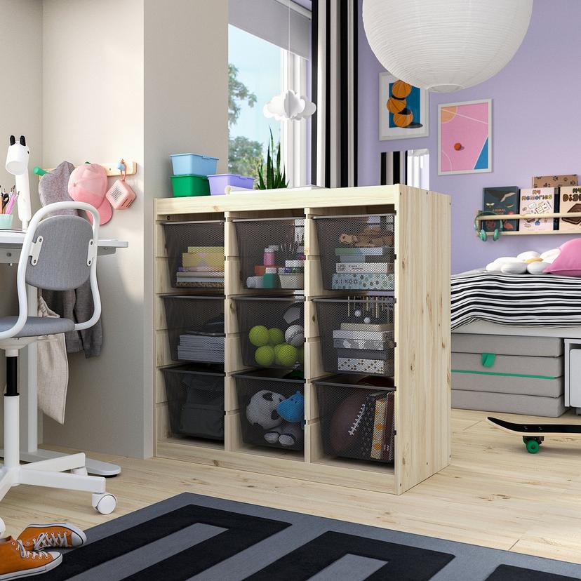 TROFAST — Полка с контейнерами, ширма/светлая сосна, окрашенная в белый и темно-серый цвета.