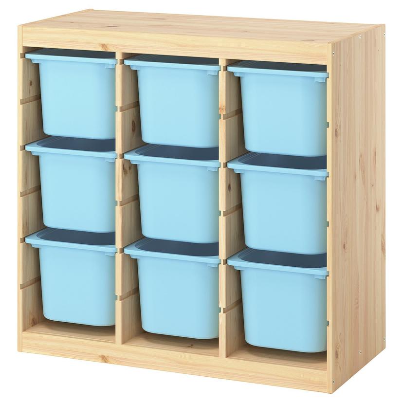 TROFAST — Полка с контейнерами, экран/светлая сосна, окрашенная в белый и светло-голубой цвета.