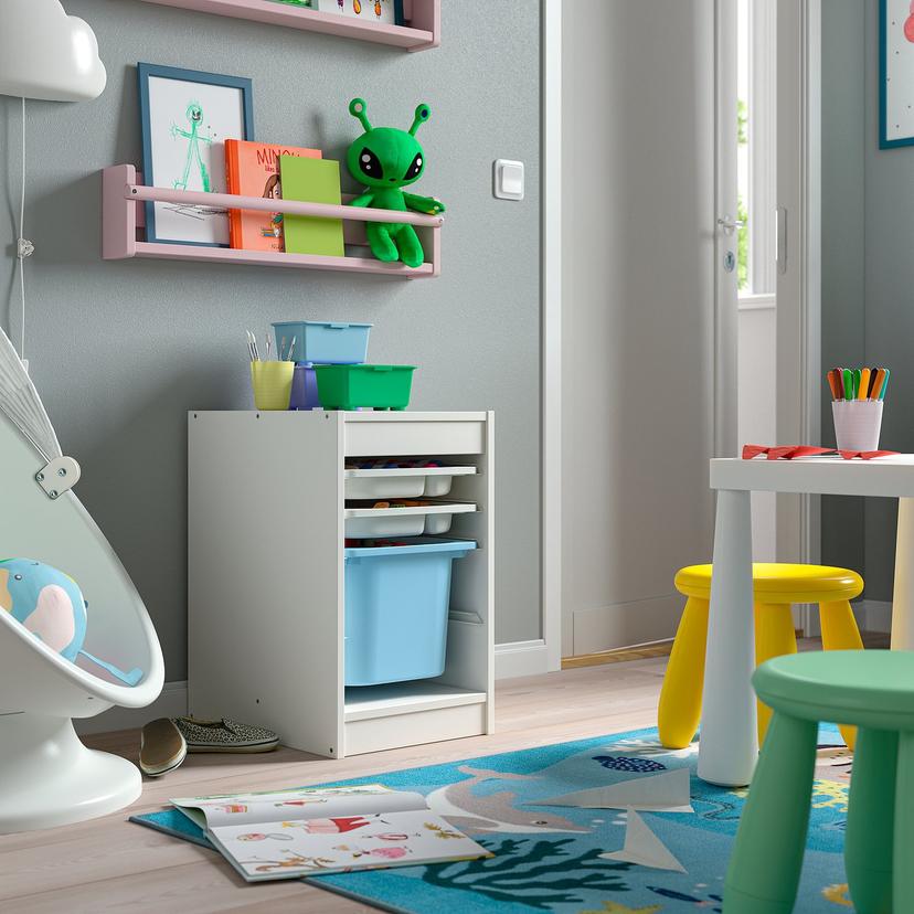 TROFAST — Полка с контейнерами/подносами, белая/светло-голубая.