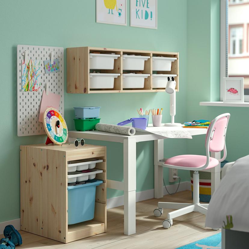 TROFAST — комбинация с контейнером/лотками, светлая беленая сосна белый/голубой, 32x44x52 см