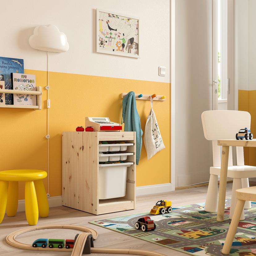 TROFAST — комбинация с контейнером/лотками, светлая беленая сосна/белый, 32x44x52 см