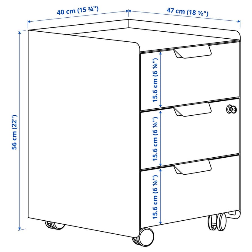 TROTTEN — Komoda na kółkach, 3 szuflady, niebieski,