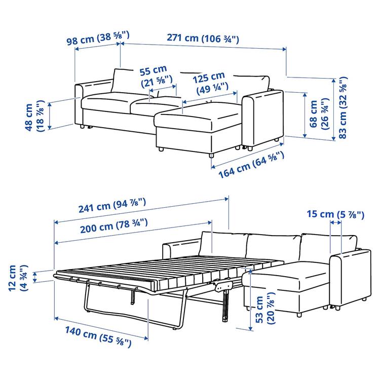 3-местный диван-кровать с козеткой, Hallarp бежевый dimensions