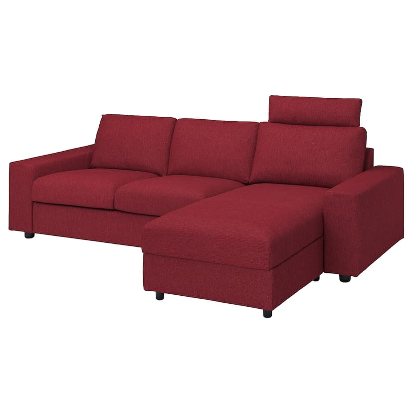 VIMLE — Sofa 3-osobowa z szezlongiem, z szerokimi podłokietnikami z zagłówkiem/Lejde czerwony/brązowy,