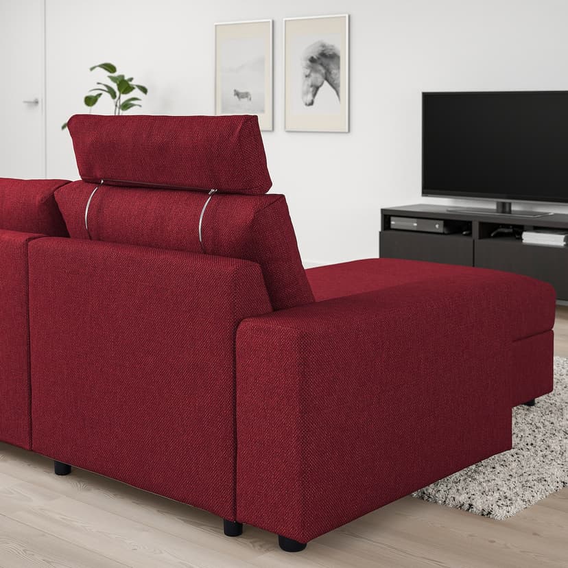 VIMLE — Sofa 3-osobowa z szezlongiem, z szerokimi podłokietnikami z zagłówkiem/Lejde czerwony/brązowy,