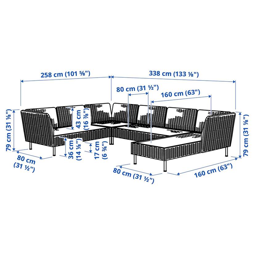 VITTSKÄR — 5-osobowy narożnik modułowy, na zewnątrz/technorattan ciemnoszary,