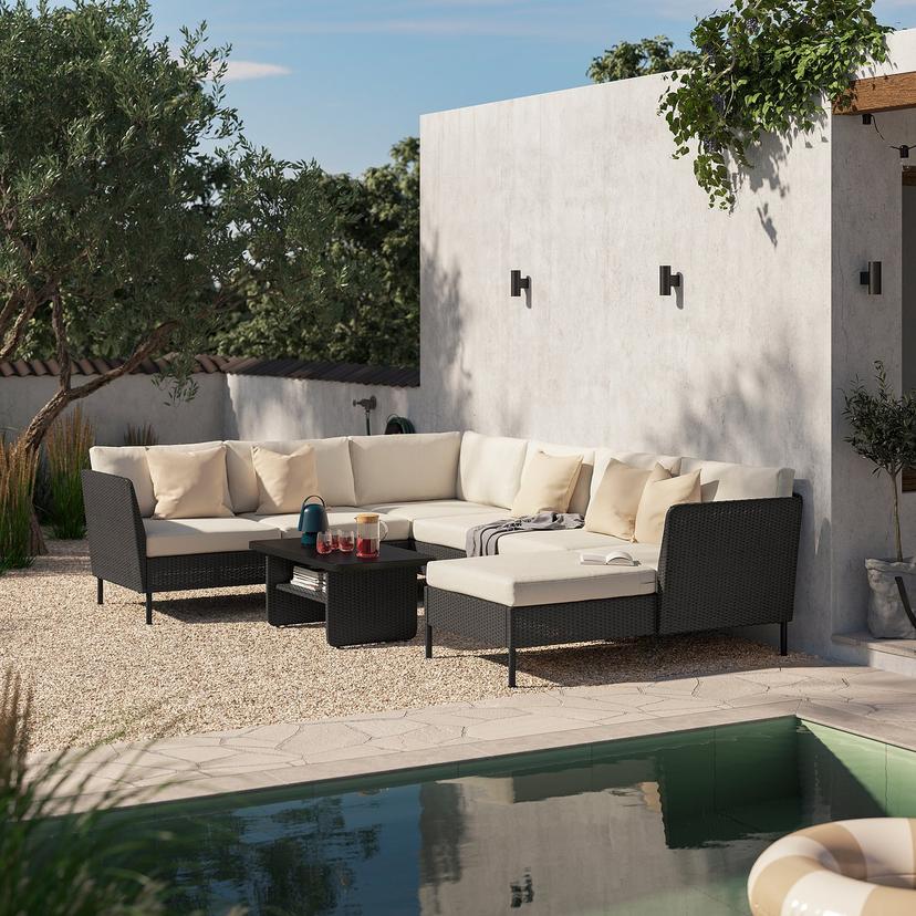 VITTSKÄR — Komplet 5-osobowy, na zewnątrz, z szezlongiem/rattan z tworzywa sztu. ciemnoszary Frösön/Duvholmen beżowy,